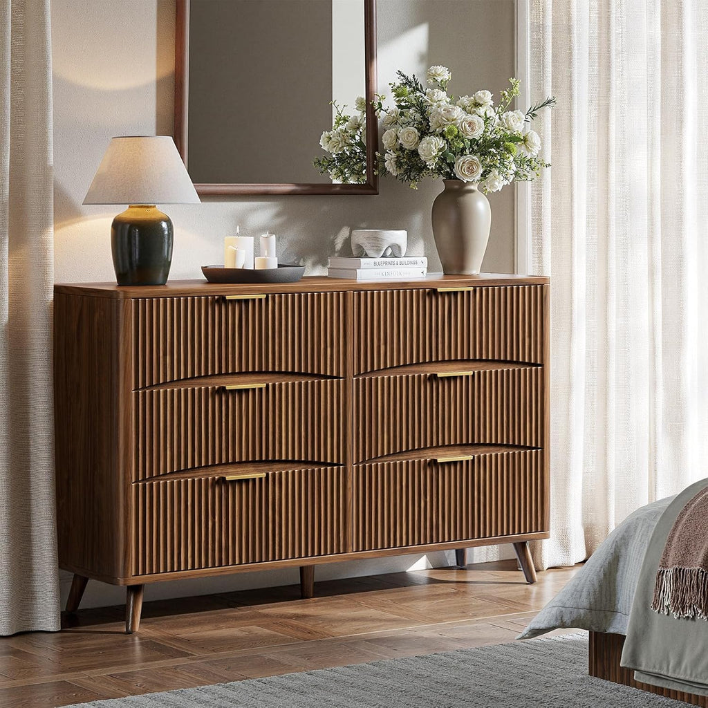 54" Wide Fluted 6 Drawer Dresser, Mid Century Modern Curved Dresser, Light Wood Chest of Drawers , Walnut