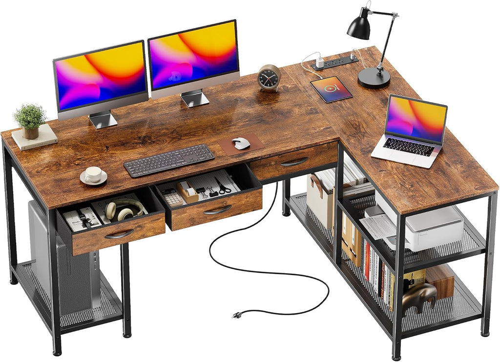 55 Inch L Shaped Office Desk with Power Outlets and Type-C Port, Large Computer Gaming Desk with 3 Fabric Drawers