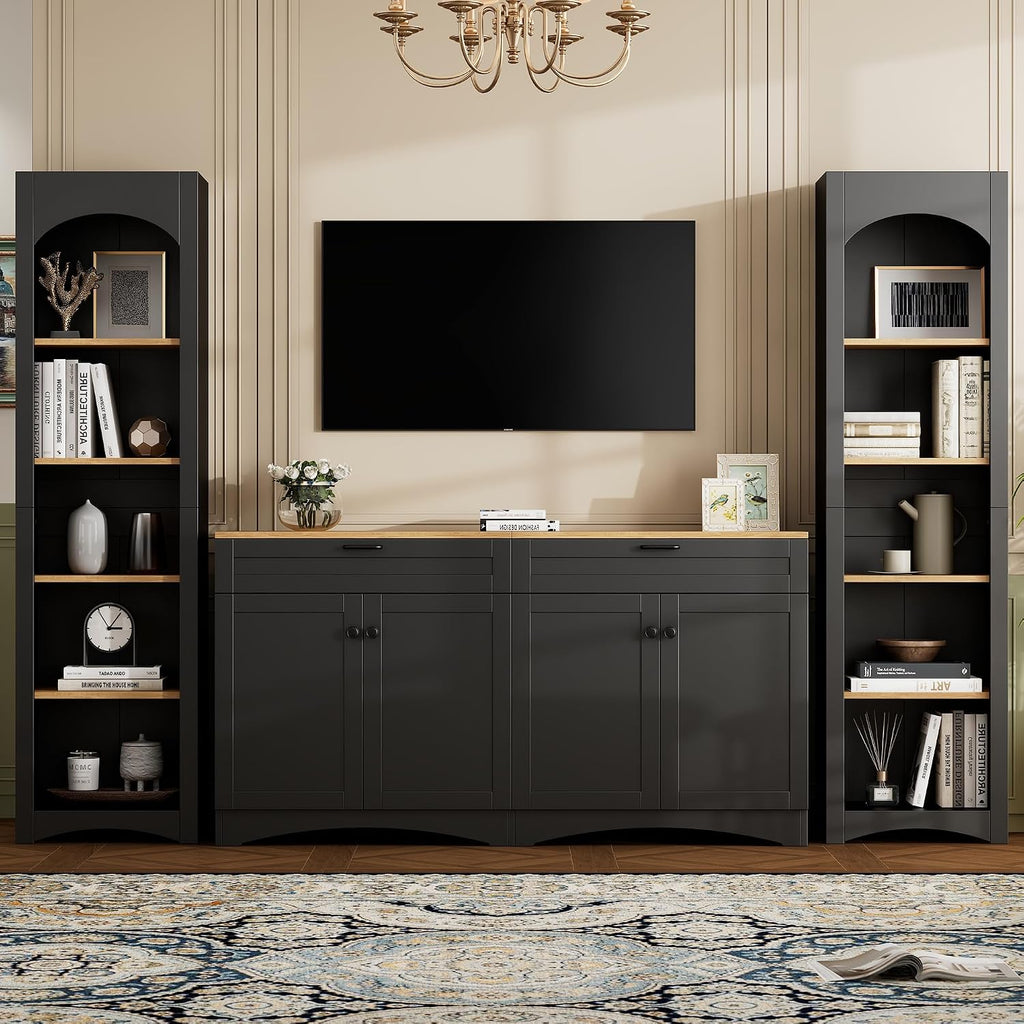 Modern 3 Piece TV Stand with 2 Bookshelves for TVs up to 70'', Mid-Century Solid Wood Entertainment Center with Storage Cabinets, Practical Media Console for Living Room, Bedroom, Black