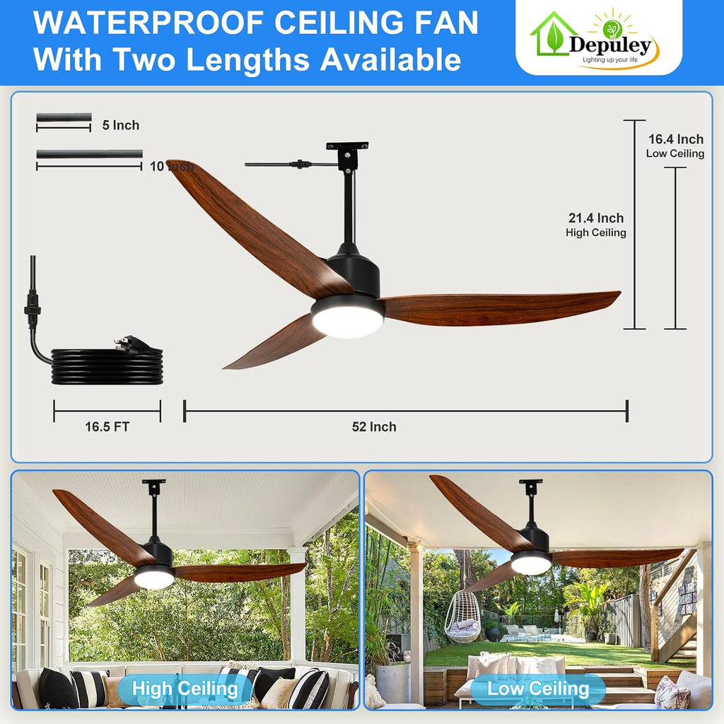 52 Inch Walnut Waterproof Gazebo Fans with Lights Outdoor Hanging - Plug in Fan for Patios - Dimmable Remote App Control