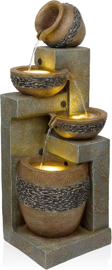 TVH244 39" Outdoor 4-Tier Cascading Pots Water Fountain with LED Lights