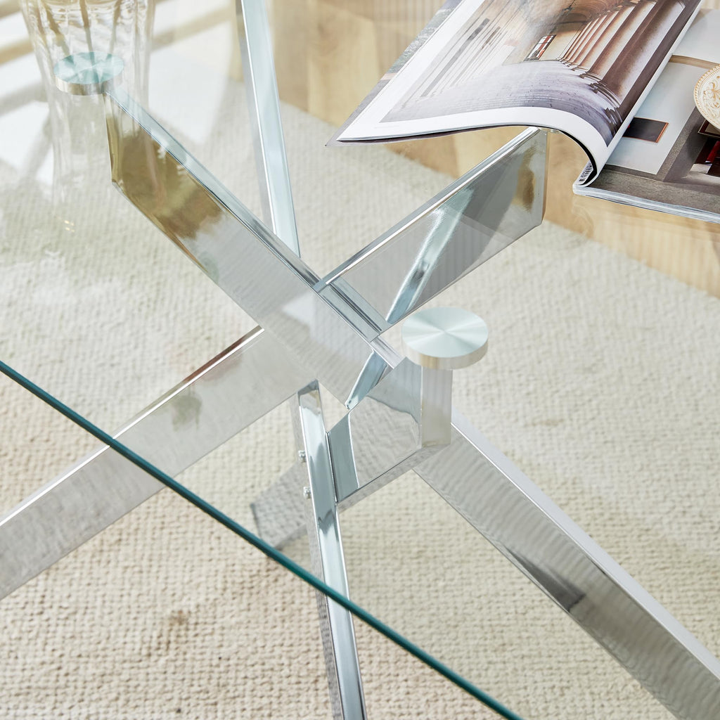 Rectangular Glass Dining Table, Tempered Glass Tabletop and Metal Legs, Modern Style Glass Kitchen Table (Silver