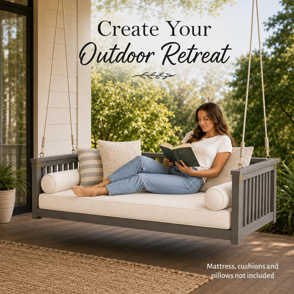 Outdoor Porch Swing Bed, Twin Size Acacia Wood Hanging Daybed with Hemp Ropes, Minimalist Patio Swing Bed for Garden