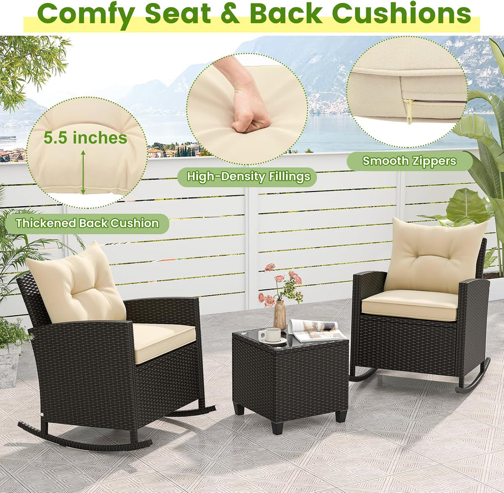 3 Piece Patio Furniture Rocking Bistro Set, Wicker Outdoor Rocking Chairs & Glass Table, PE Rattan Conversation Set