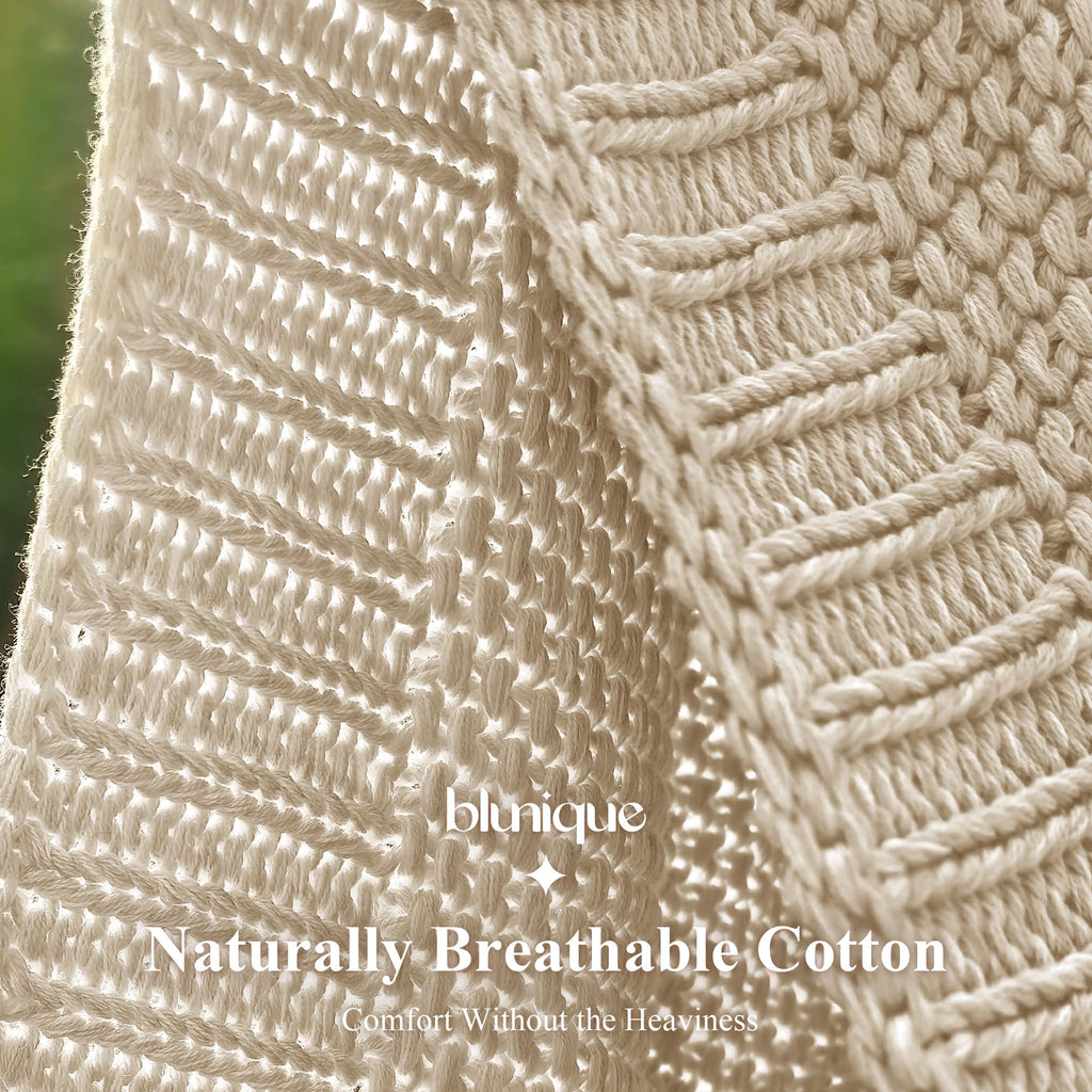 100% Cotton Cable Knit Throw Blanket, Lightweight Soft Knit Blanket for Sofa Couch Bed, Breathable All-Season Throw