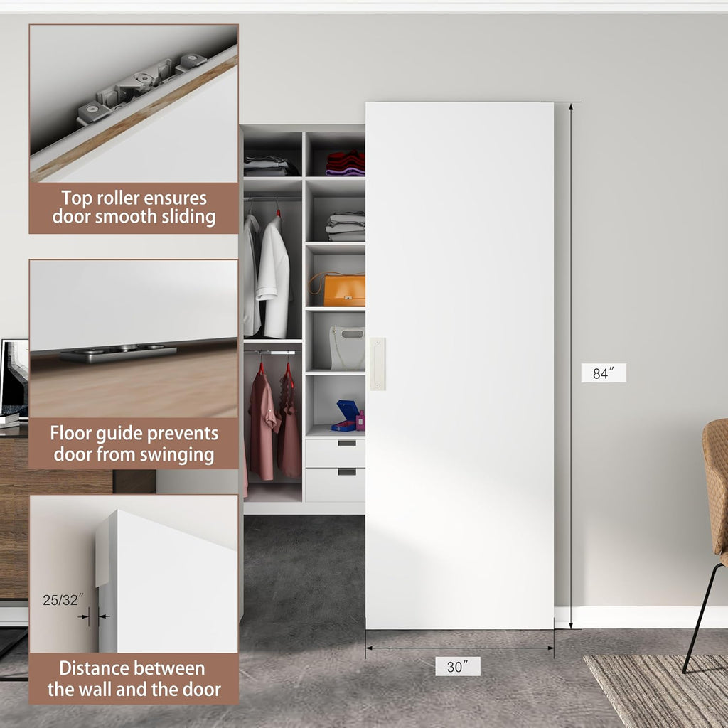 30"x84" Flush Solid Core White Primed Concealed Sliding Hidden Barn Door with Soft Close Installatio