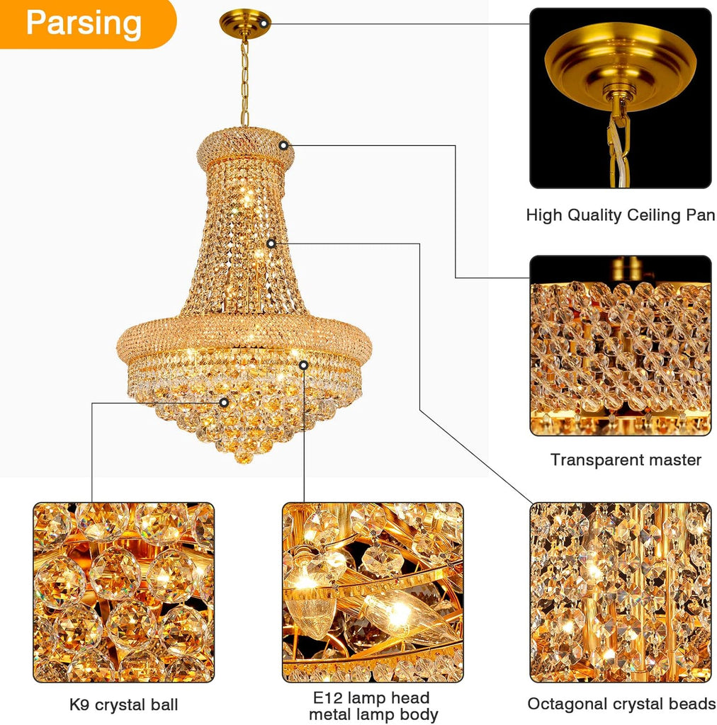 Crystal Chandeliers for Dining Room Light Fixture,Empire Style K9 Crystal Chandeliers for Entryway,12 Lights Gold Luxury Lighting Fixtures for Living Room Stairway Bedroom Foyer Hallway