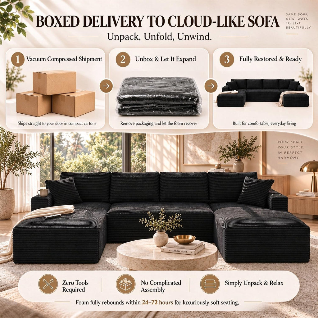 134" Boneless Couch, U-Shaped Modular Sectional Sofa, Beige