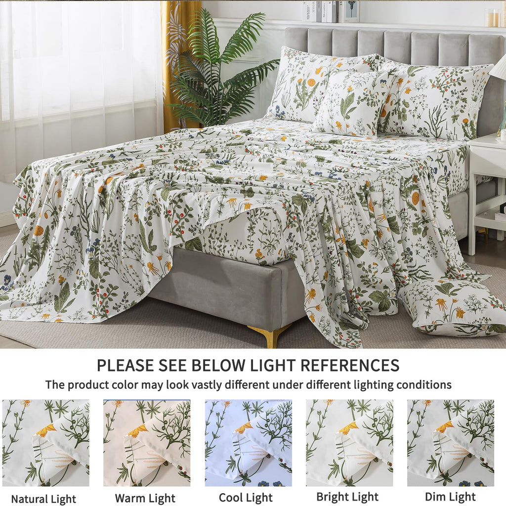 100% Percale Cotton Sheets Full Botanical Printed Floral Sheets Yellow Flowers & Leaves Pattern Farmhouse Bedding