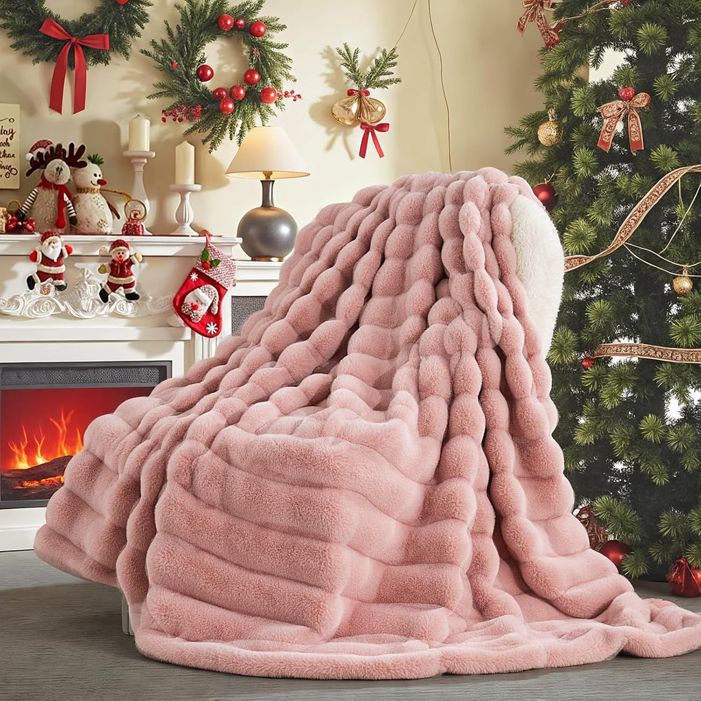 Faux Fur Throw Blanket Pink, Luxury Soft Decorative Cozy Plush Long Shaggy Fluffy Blanket, Reversible Puffy Thick