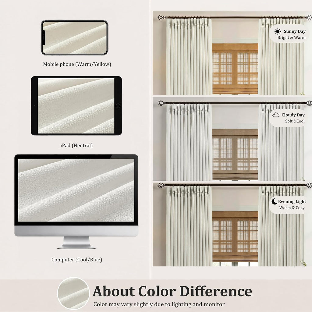 Pinch Pleated Linen Curtains, 2 Panels Premium 400GSM Memory Trained Semi Sheer Light Filtering Window Drapes