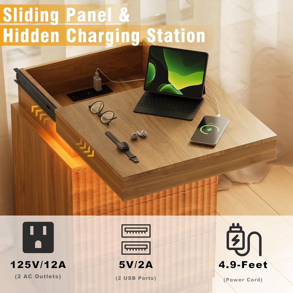 Fluted Nightstand with Charging Station and LED Light, Bedside Table with Sliding Top, USB Ports and AC Outlets, 3