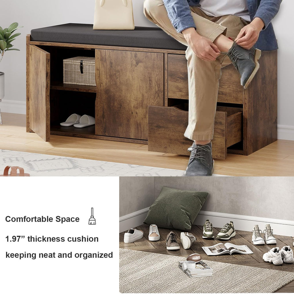 Entryway Shoe Bench, Rustic Storage Bench with Cushioned Seating