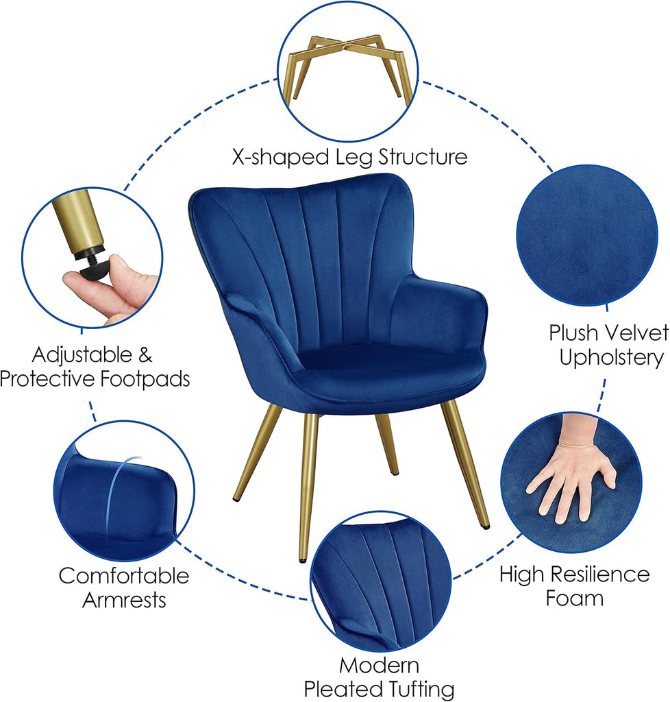 Velvet Accent Chair, Modern Armchair with Wing Side and Metal Legs, Cozy and Soft Padded and High Back /Home