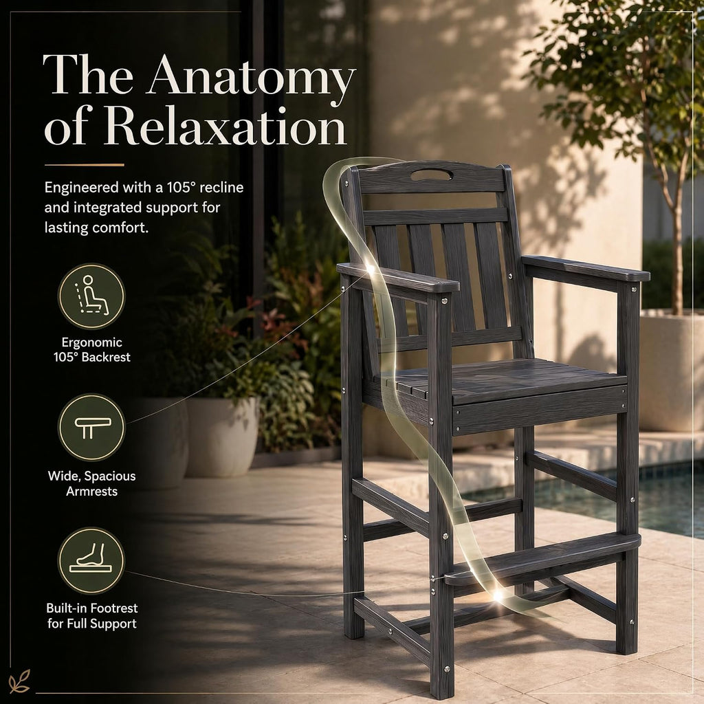 3-Pc Bistro Set High Top Table 2 Adirondack Chairs HDPE Round Grey | Round w/shelf. HDPE wd-grain, adj