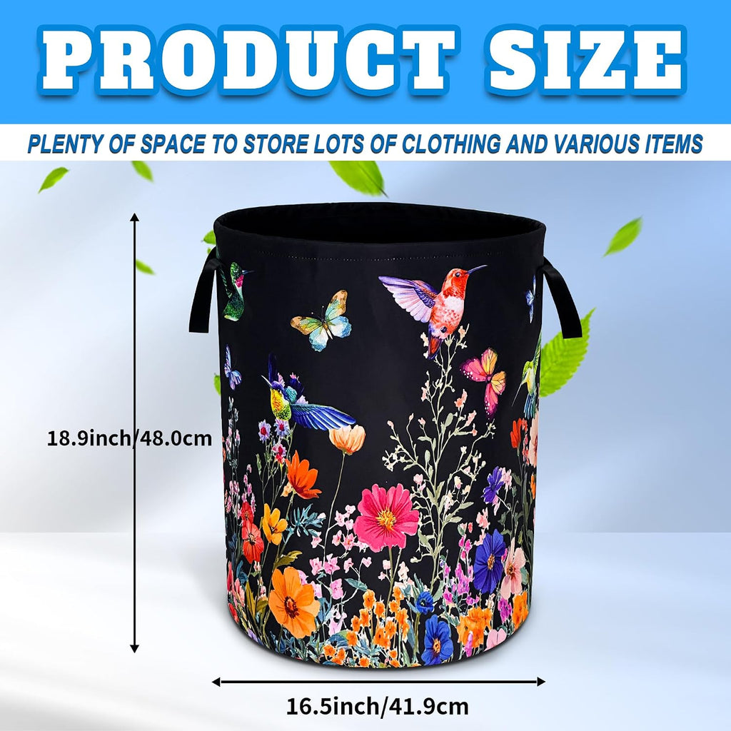 Hummingbird Flowers Laundry Basket Oxford Cloth Butterflies Laundry Hamper | With Handle Foldable Portable Clothes