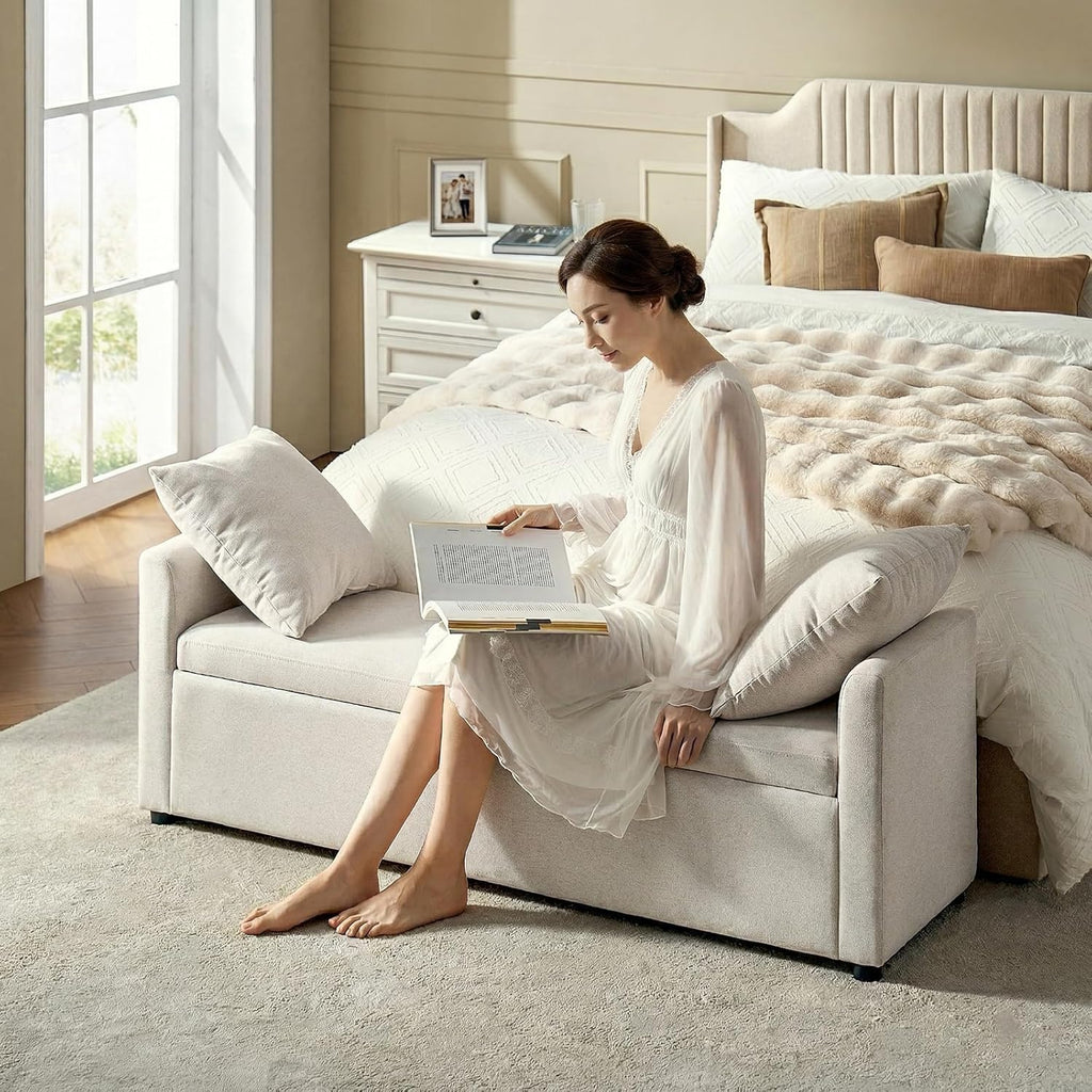 59" Storage Bench with 2 Throw Pillows & Armrests, Linen | Modern Long Bedroom Bench for End of Bed, Comfy