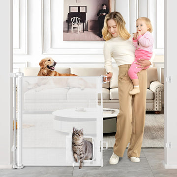 Retractable Baby Gate with Cat Door 55" Wide Retractable Baby Gate for Stairs Mesh Baby Gate with Pet Door