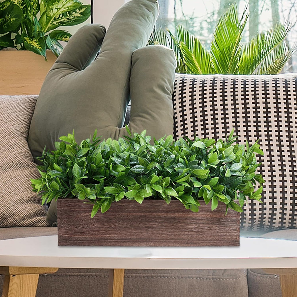 14" Artificial Boxwood Plants in Rectangular Wood Planter Farmhouse Greenery Arrangement Centerpiece Faux Potted Herb