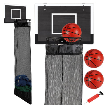 Over the Door Basketball Hoop Laundry Basket,Wooden Basketball Laundry Hamper with Zipper,3 Balls and Pump for Kids