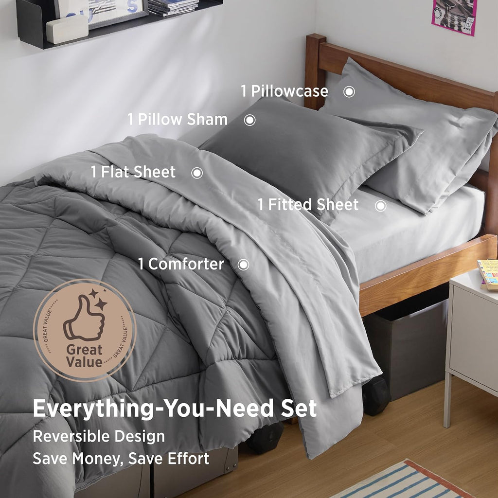 Queen Bed in a Bag Reversible Bed Set 7 Pieces Grey/Light Grey - Set of 7