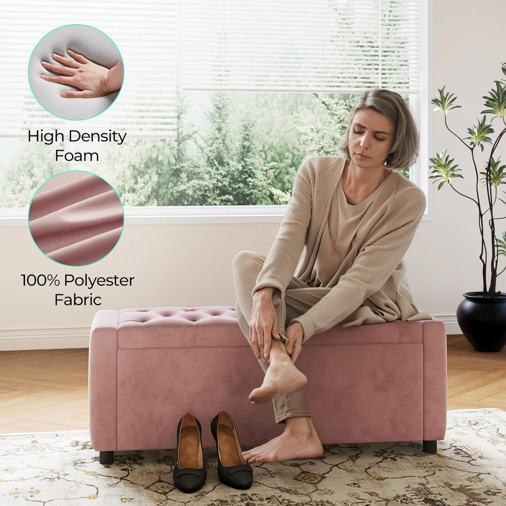 49" Velvet Ottoman with Storage, Upholstered End of Bed Storage Bench, Large Ottoman Foot Rest , Pink