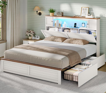 Farmhouse Queen Bed Frame with Bookcase and Storage Cabinets Headboard, Wood Platform Bed with LED Lights, Charging