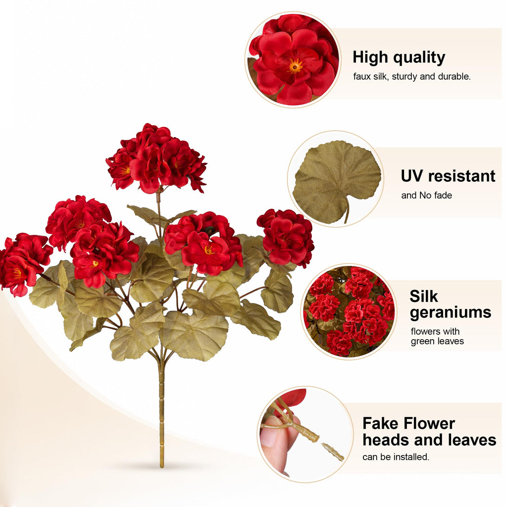 Fake Geraniums Burgundy Fall Flowers Artificial Flowers for Outdoors Autumn Decor, 6 Bundles Silk Geraniums Fake
