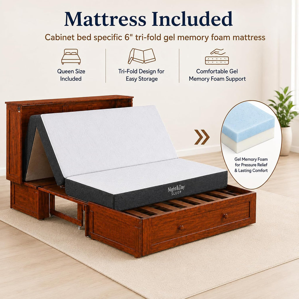 Murphy Cabinet Bed with Mattress, Cherry, Queen
