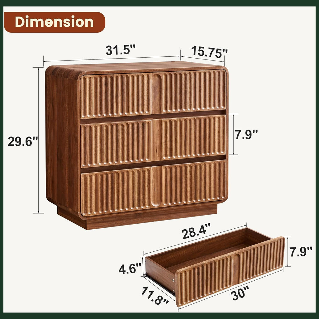 3 Drawer Dresser, 31.5" Wide, Walnut Brown | Mid Century Modern Wood, Chest of Drawers, Fluted Design, Living Room