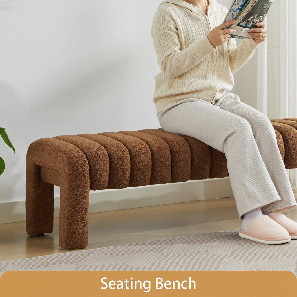 63" Upholstered Boucle Bench, Rust Brown | Padded King Size Long Ottoman, Sherpa Window Seat, Bedroom, Living Room