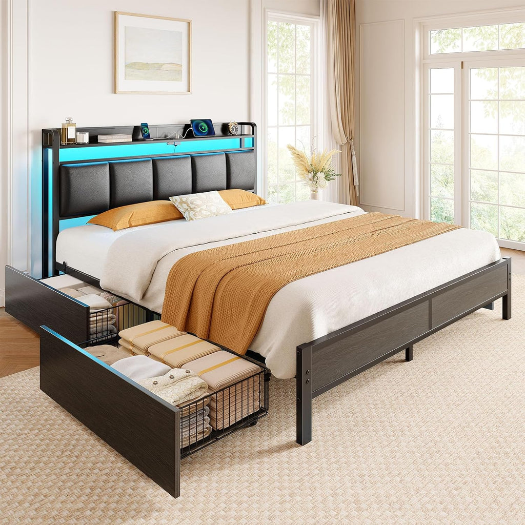 Bed Frame Queen with Charging Station and LED Lights, Upholstered Storage Headboard with Drawers