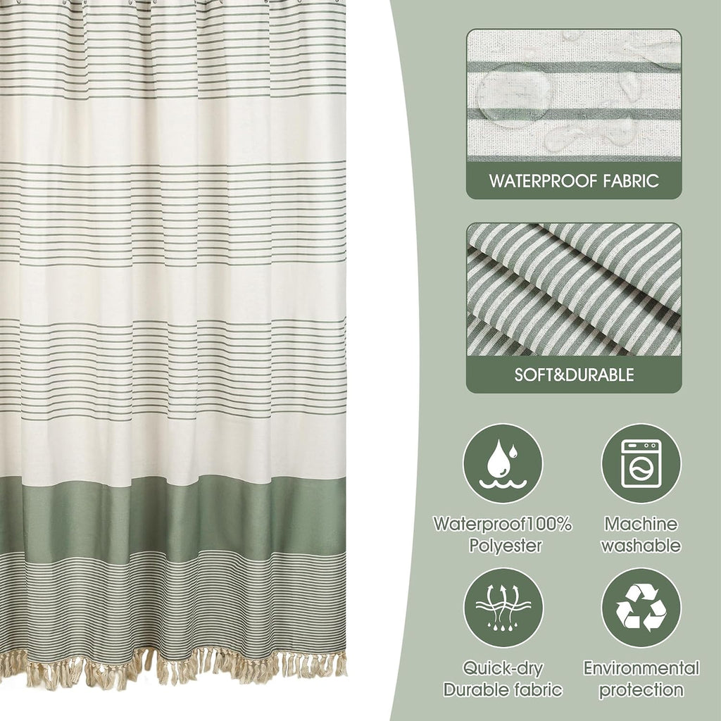 Green Linen Look Shower Curtain - Rustic Boho Farmhouse Style Decor, Waterproof & Wrinkle-Resistant Fabric, 72"x72"