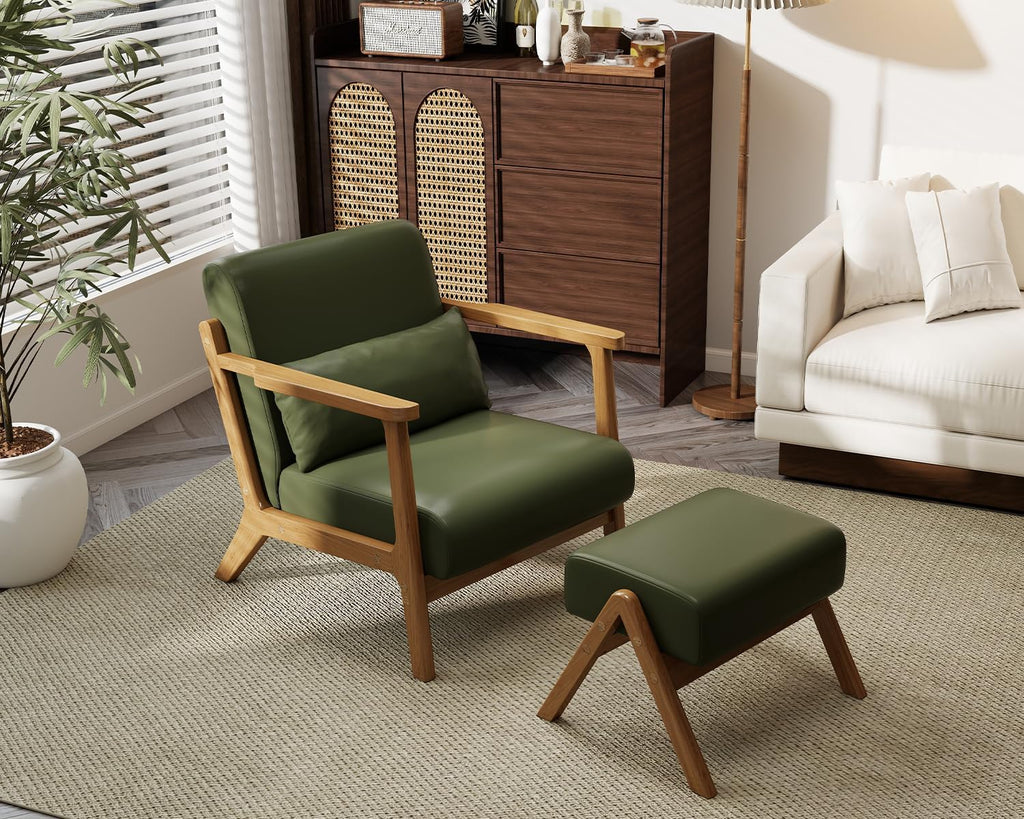 Modern Lounge Chair and Ottoman — Green Faux Leather