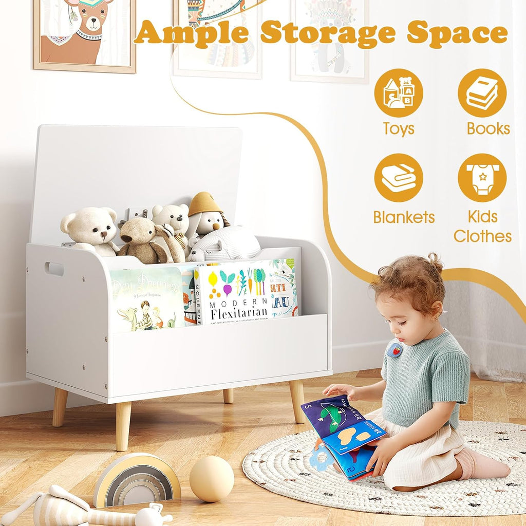 Kids Wooden Toy Box w/Front Bookshelf, Toy Storage Organizer w/ 4 Solid Wood Legs, Flip-top Lid, Safety Hinge &