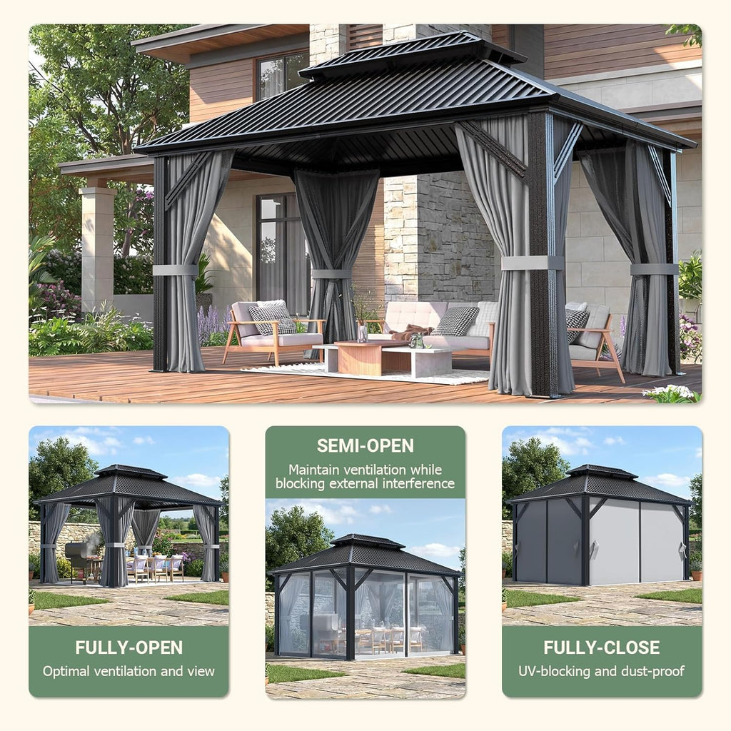 10'x12' Outdoor Aluminum Gazebo Grey | Hardtop Pergola with Galvanized Steel Double Roof, Curtain and Netting