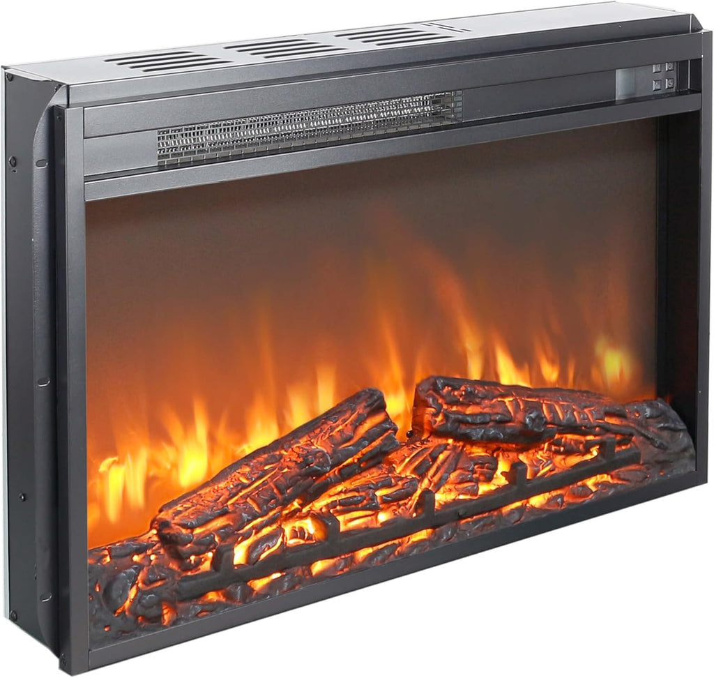 26 Inch Electric Fireplace Insert Heater with Remote Control, Timer, Adjustable Flame Brightness, Digital Display and Log Set