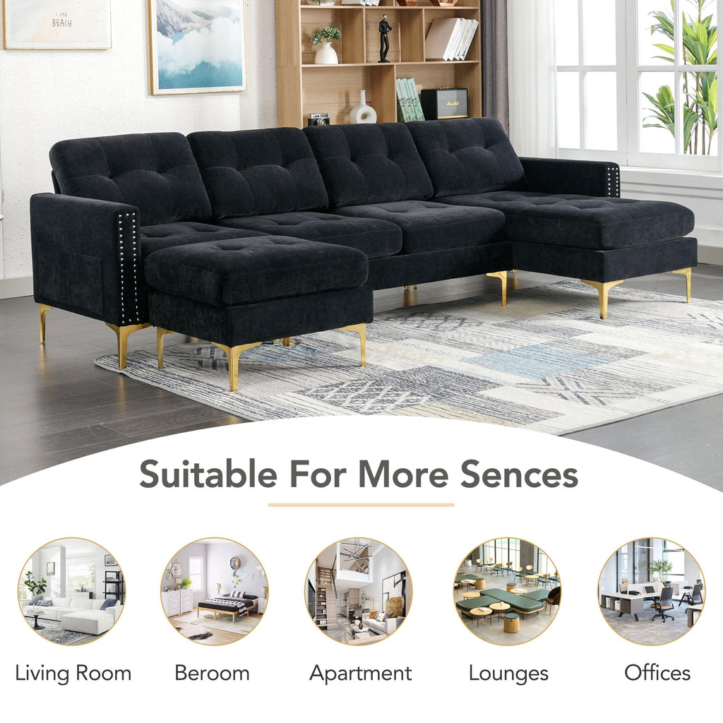 Velvet Modern Large Sectional Sofa (Black)