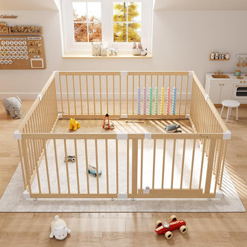 Wooden Baby Playpen, 10 Panels Fence for Babies and Toddlers 83"×57"