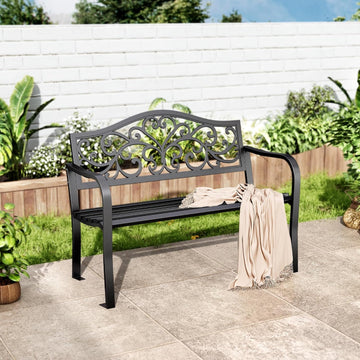 43.7 Inches Cast Iron Outdoor Garden Bench, Floral Backrest, Black | E-Coating Anti-rust Finish, Weatherproof Outdoor