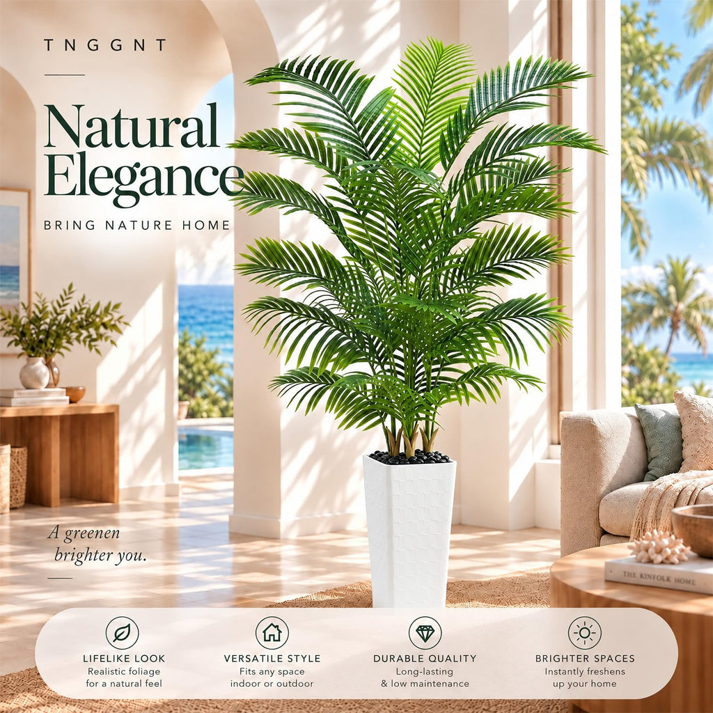 Artificial Palm Tree:7FT Tall Fake Areca Palm Plant (White Planter)