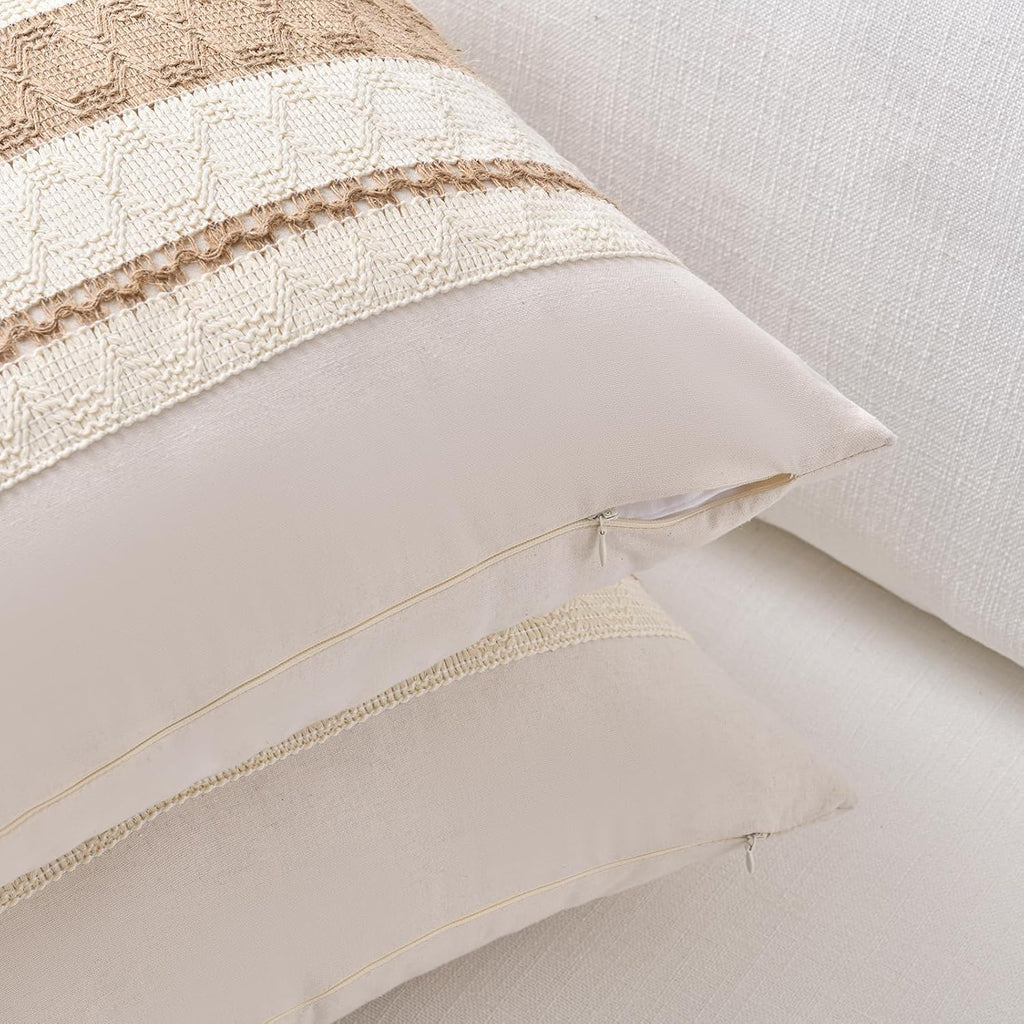 Set of 2 Boho Neutral Decorative Throw Pillow Cover 18x18 Inch, Aesthetic Modern Organic Farmhouse Home Decor, Soft