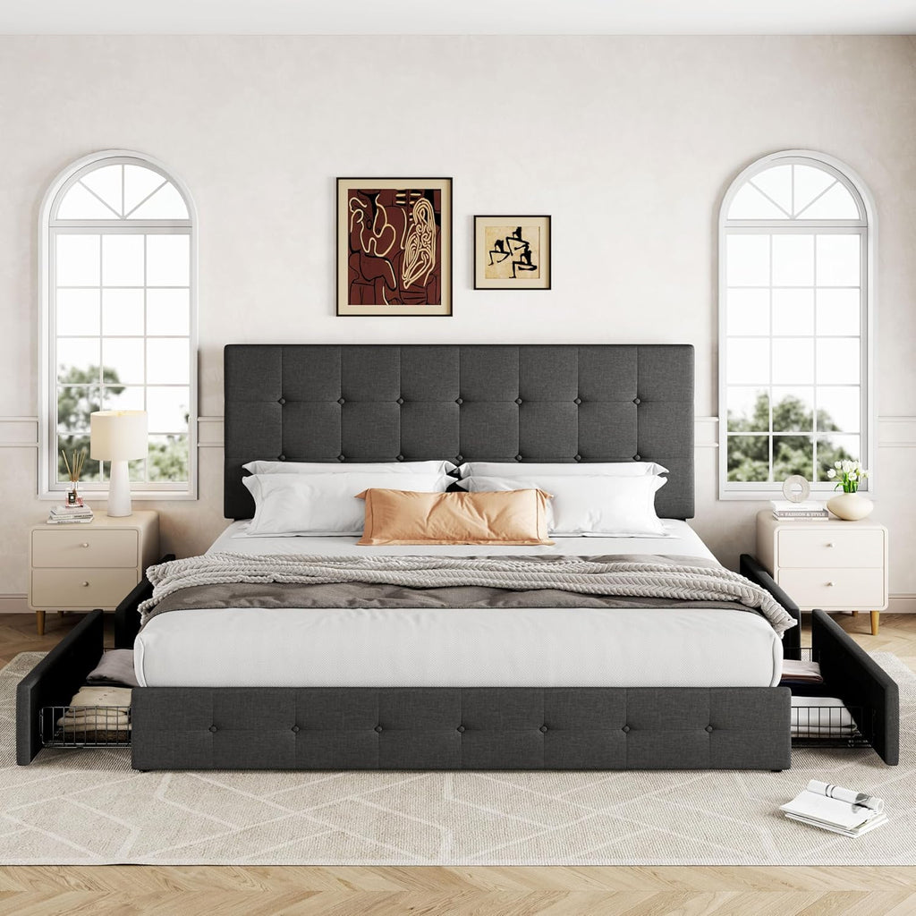 Upholstered King Platform Bed Frame with 4 Storage Drawers and Headboard, Square Stitched Button Tufted