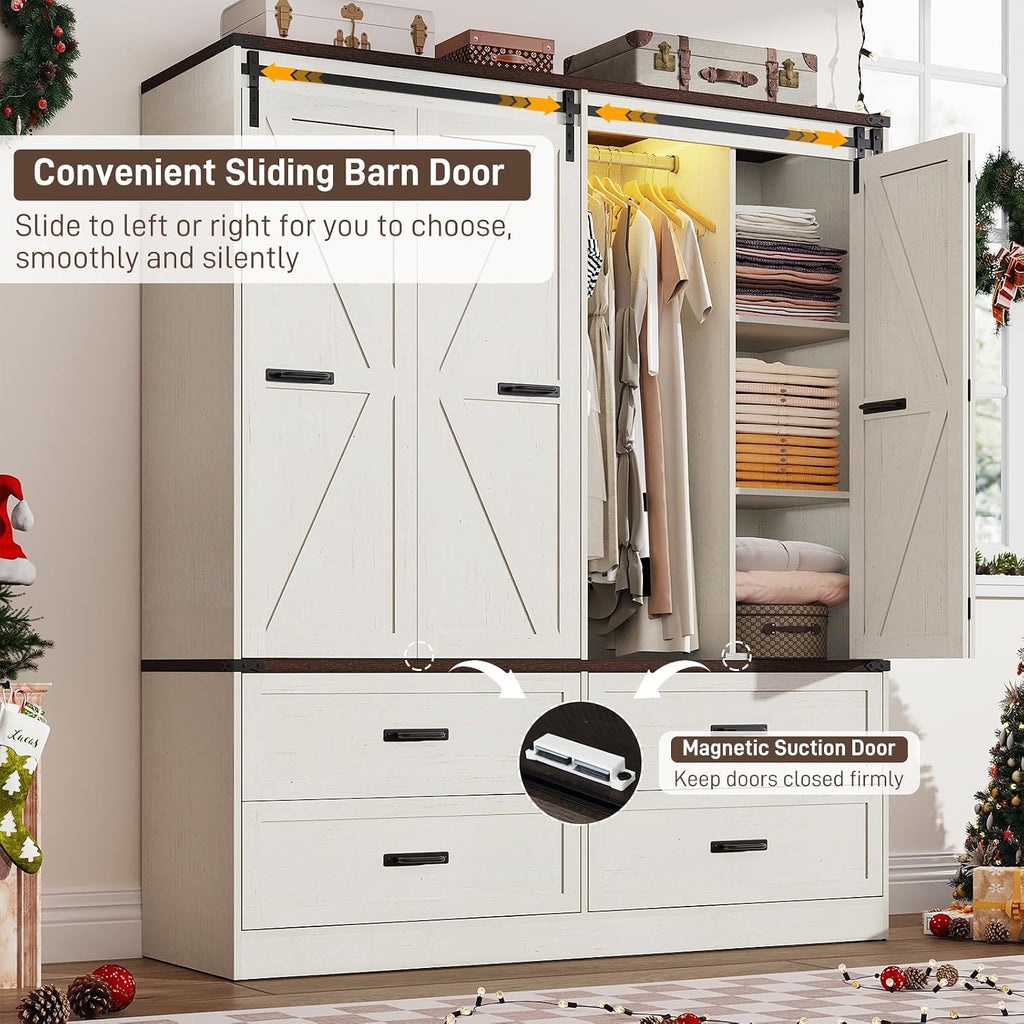 Farmhouse 4 Doors Armoire Wardrobe Closet w/Folding Sliding Barn Door and Lights, LED Armoire Closet w/Drawers