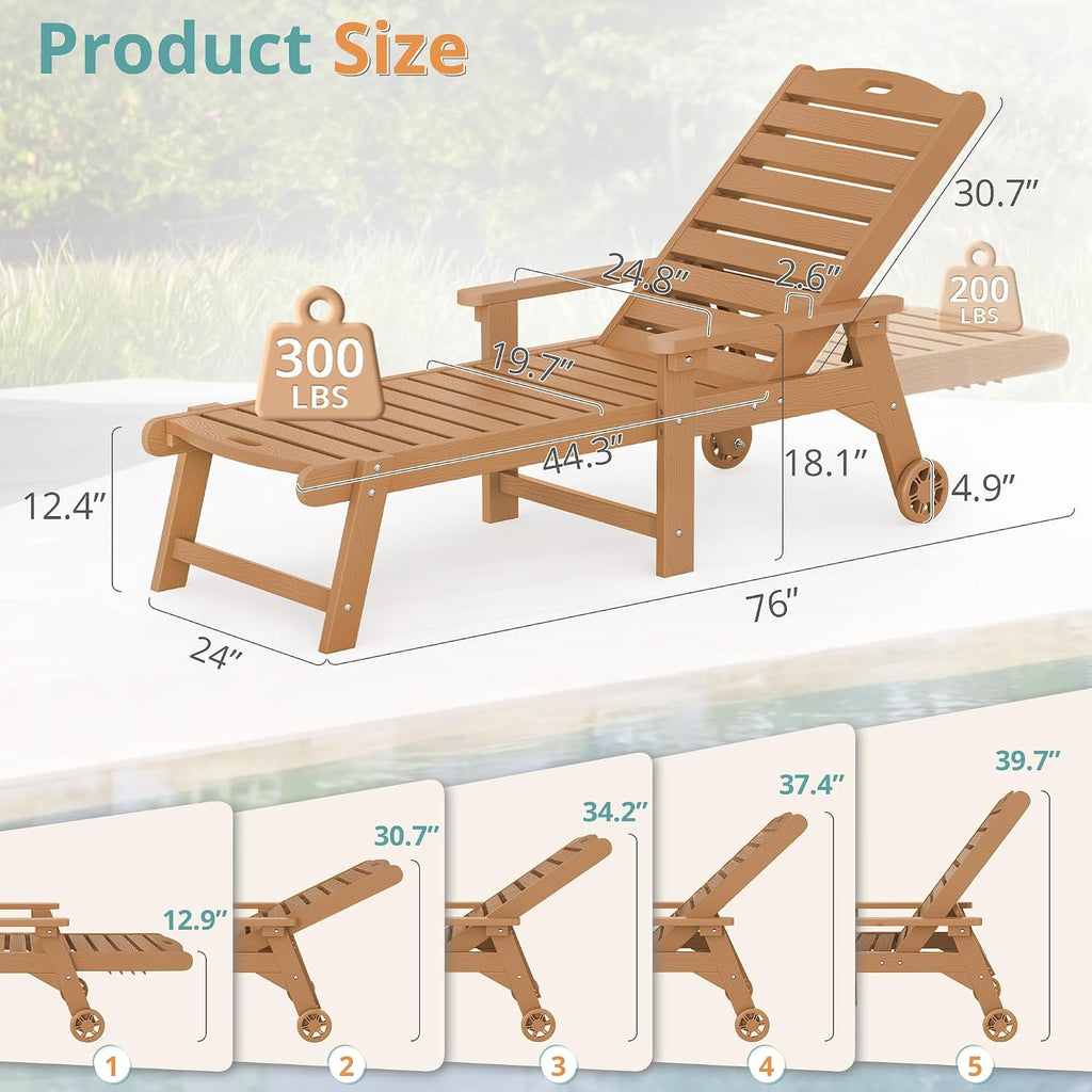 Lounge Chair Outdoor Set of 4, HDPS Chaise Lounge Outdoor with Wheel, 5 Positions Adjustable Pool Lounger Chairs