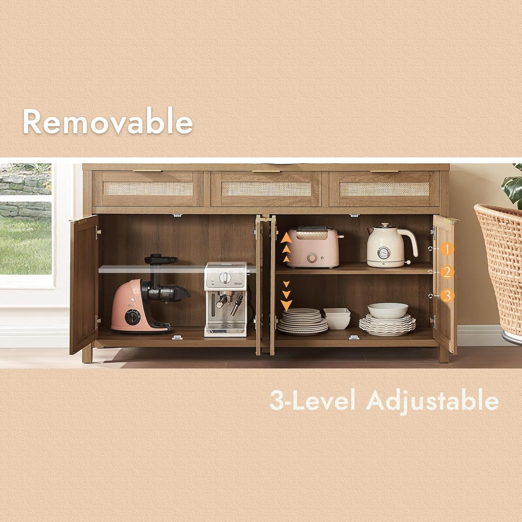 63" Rattan Sideboard Buffet Cabinet, Boho Storage Cabinet with Adjustable Shelves