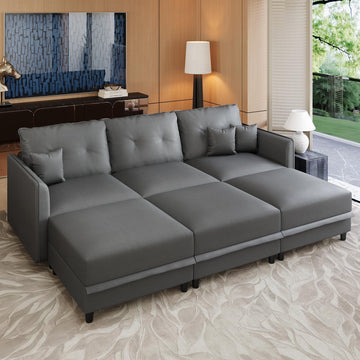 Faux Leather Modular Sectional 6 Seater Sofa Sleeper with Storage