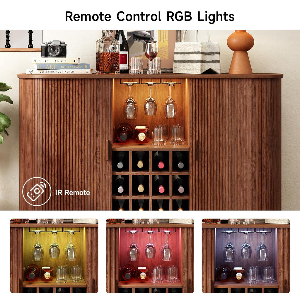 55" Fluted Wine Bar Cabinet with LED Light Walnut