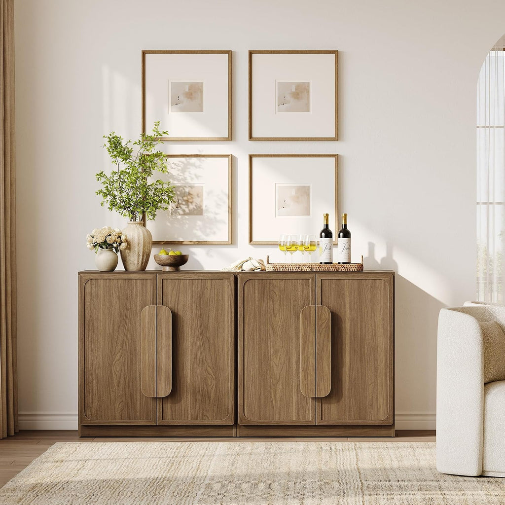 Sideboard Buffet Cabinet with Storage, Large 63''W Credenza, Walnut | Modern Accent Cabinet with Curved Handles & 2