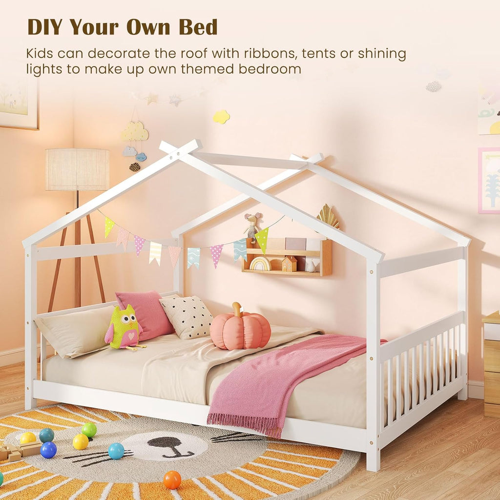 Full Size Floor Bed, Solid Wood Montessori House Bed with Roof, Headboard and Footboard, Low Full Bed Frame for Kids